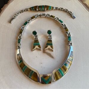 !!!SOLD!!! 950 Silver Taxco Mexico Tigers Eye Malachite Collar Necklace Earring